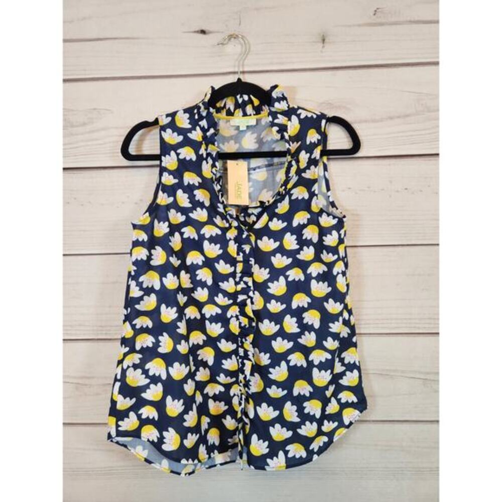 Jade‎ Melody Tam Women's Blue Floral Sleeveless V-Neck Ruffle Blouse Small NWT